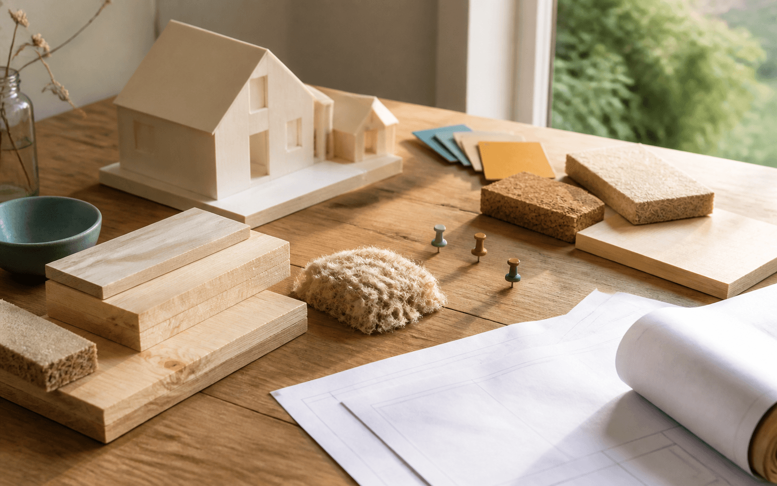 Biobased materiaalstalen en woningmodel op een werktafel